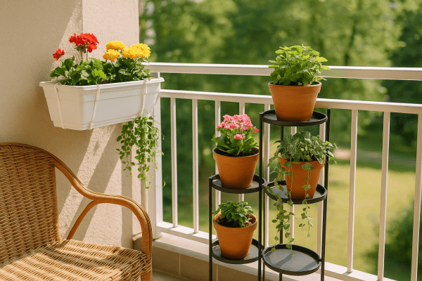 Small balcony with railing planters and a tiered corner plant stand filled with herbs and flowers, showing renter-friendly and lightweight gardening solutions.