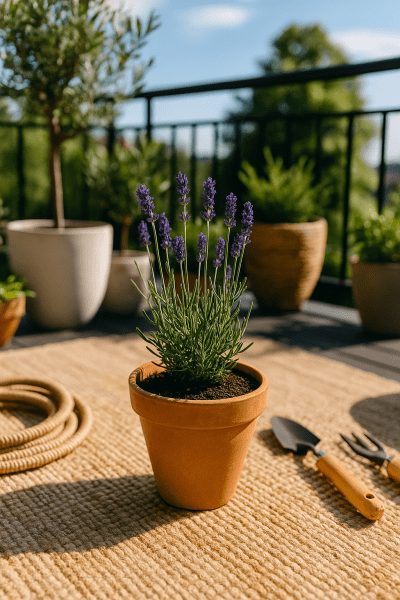 Potted lavender plant in a terracotta pot on a sunny balcony, showing how container lavender thrives with six hours of full sun and proper care.
