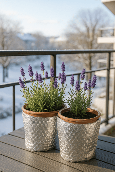 Potted lavender plants in insulated pots on a balcony, protected from winter frost to ensure healthy container lavender growth.
