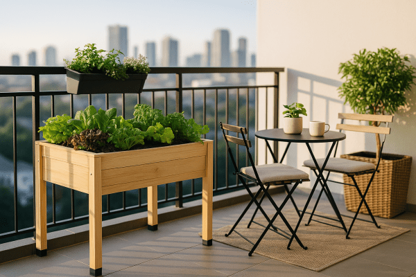 Raised garden bed on a modern balcony with herbs and greens, showing compact balcony gardening ideas for small spaces.