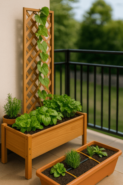 A raised garden bed on a small balcony shows salad greens and cucumbers growing upward with trellises, the best vegetable garden idea for compact spaces.