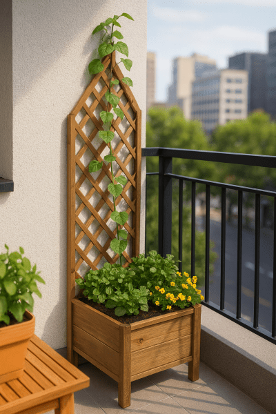 Corner balcony raised garden bed with wooden trellis, growing herbs and greens in a compact outdoor space.