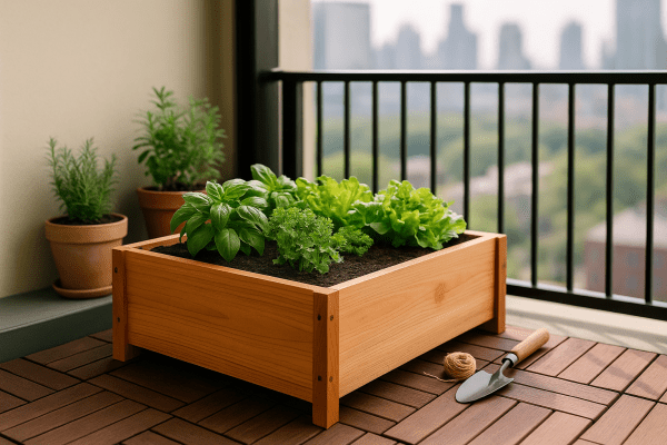 DIY wooden raised garden bed with herbs and greens on a balcony, showing compact balcony gardening ideas for small spaces.