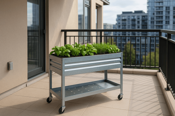 Galvanized metal elevated raised bed garden with herbs and greens, placed on a balcony for easy waist-height gardening.