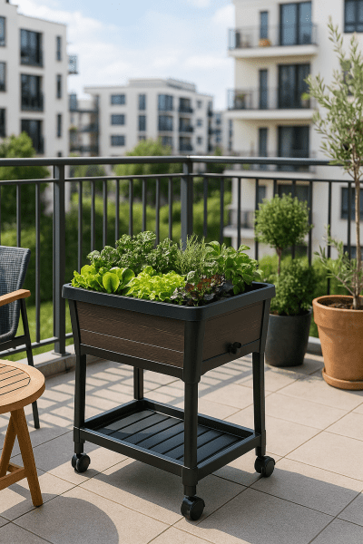 Portable raised garden bed kit with wheels, filled with herbs and greens on a modern balcony.