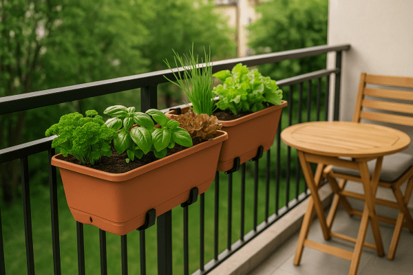 Railing planters filled with herbs and greens on a small balcony, showing how planter boxes save space in compact balcony gardens.