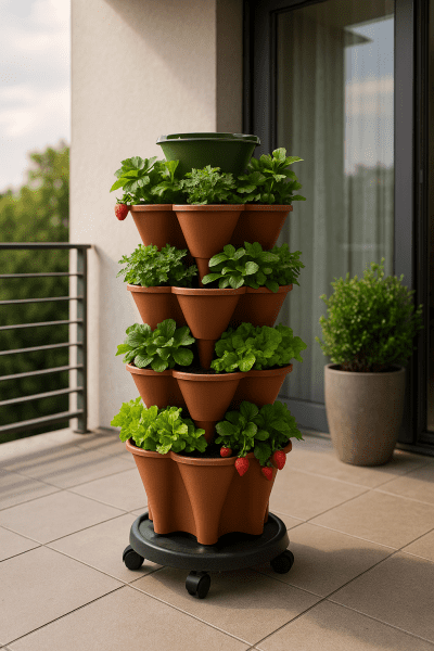 Stackable raised garden bed with multiple tiers, growing strawberries, herbs, and salad greens on a balcony.