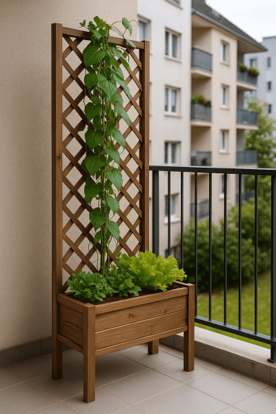 Vertical raised garden bed with wooden trellis, growing climbing vegetables and salad greens on a balcony.