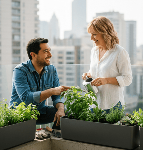 Two people, a man and a woman, smiling as they tend to herbs and succulents in modern planters on a high-rise balcony, with a city skyline in the background.