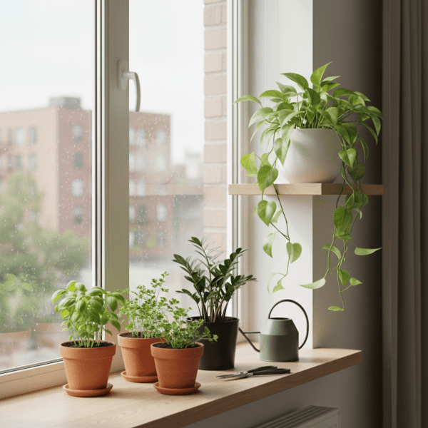A bright, minimalist apartment windowsill and table showcasing a variety of easy-to-grow indoor plants, including potted herbs and a small Monstera, in natural light with a subtle urban view, representing a beginner's accessible indoor garden setup.