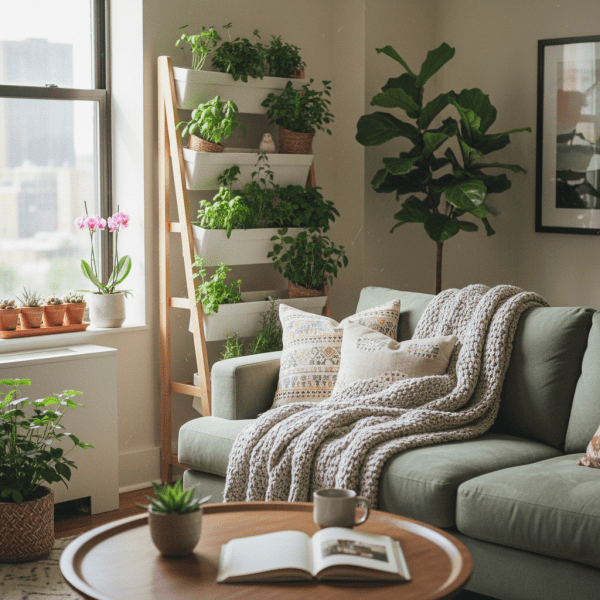 Homepage hero image showing a vertical garden shelf unit and a cozy green sofa in a bright, modern, lived-in apartment.