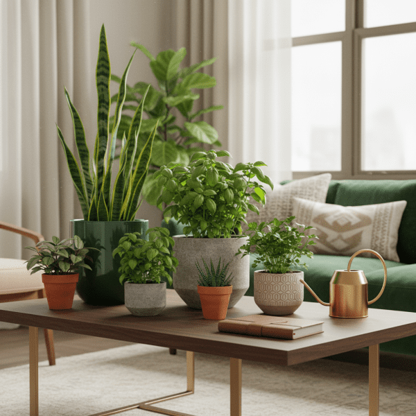 Luxury living room with an emerald-green sofa, showcasing a variety of potted plants and high-end plant care accessories on a dark wood coffee table.