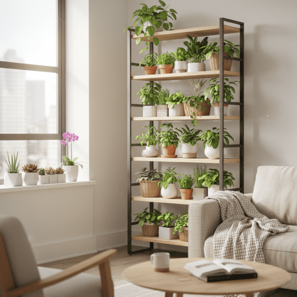 Vertical garden shelf unit in a modern apartment living room, demonstrating space-saving indoor gardening solutions near a bright window.