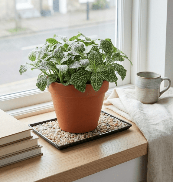 Small Fittonia Nerve Plant on a humidity tray in a north-facing window, thriving in low-light indoor conditions.