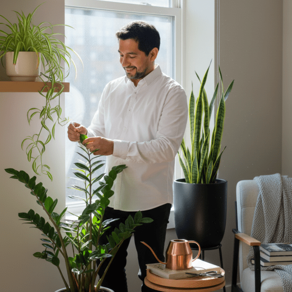 Person caring for houseplants for a north-facing window, demonstrating low-light plant care in a modern apartment.
