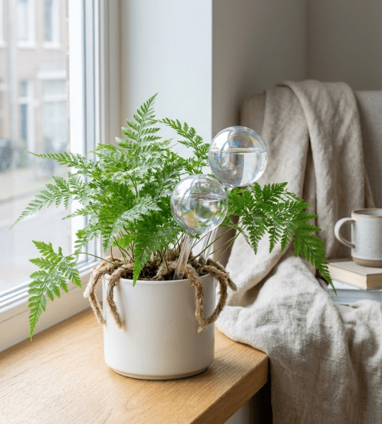 Rabbit’s Foot Fern thriving in a north-facing window with self-watering globes, shown as an ideal low-light indoor plant.