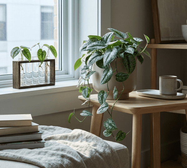 Scindapsus Silver Ann indoor plant growing in a north-facing window with subtle propagation tubes in the background, low-light indoor plant setup