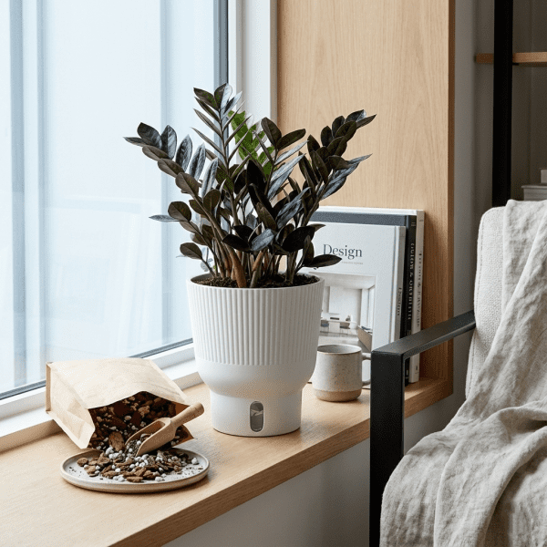 ZZ Raven plant in a self-watering pot on a north-facing window ledge, shown with chunky soil mix for low-light indoor plant care.