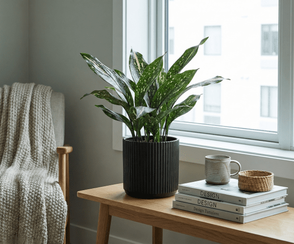 Cast Iron Plant ‘Milky Way’ in a black ceramic pot beside a north-facing window — low-light indoor plant setup.