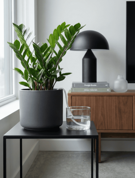 Classic Green ZZ Plant in modern apartment near a north-facing window with a self-watering wick system for low-light indoor care.
