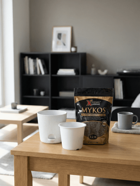 T4U self-watering pot set with inner pot and a Mykos root enhancer bag displayed on a modern wooden table in a bright apartment.