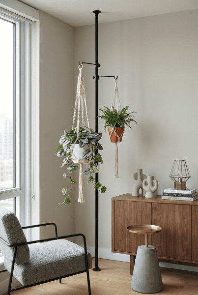 modern tension rod hanging plant system with pothos and fern near a north-facing window, styled with macrame plant hangers for indoor low-light rooms
