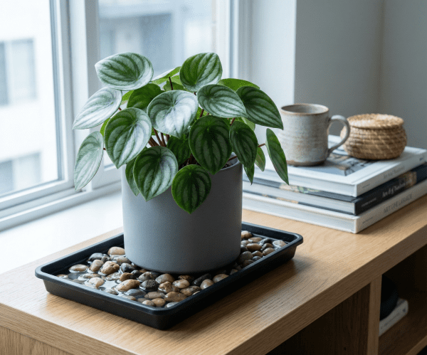 Watermelon Peperomia thriving in a north-facing window on a pebble humidity tray, ideal low-light indoor plant.