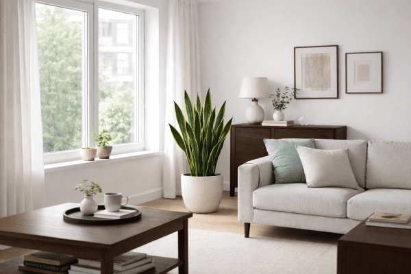 Healthy snake plant in a bright modern apartment living room near a window with indirect light