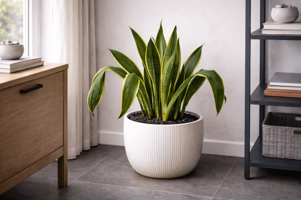 Snake plant showing overwatering stress in a decorative pot without drainage holes
