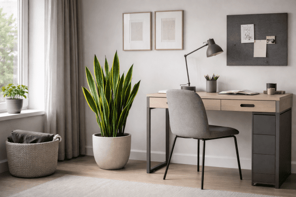 Snake plant next to a desk showing size reference