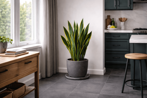 Snake plant in a drainage pot with saucer in an apartment