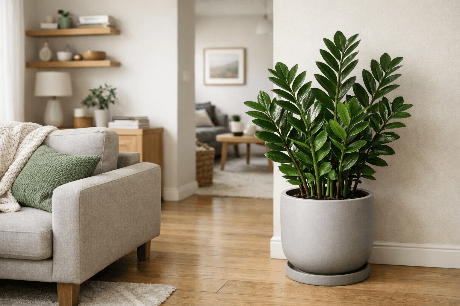 zz plant apartment indoor setup showing proper placement in a real living space