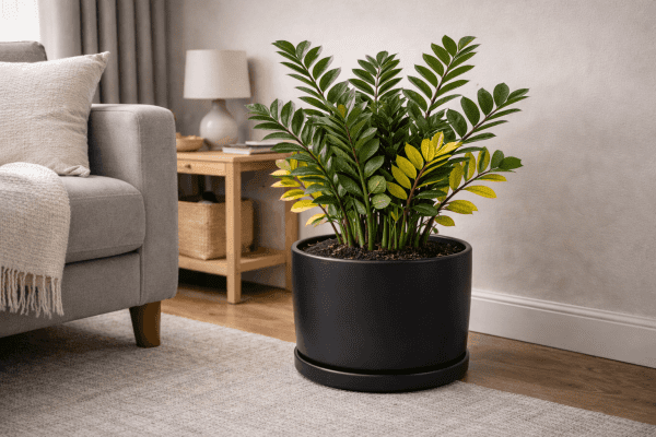 zz plant apartment showing overwatering stress with yellow leaves and dense wet soil indoors