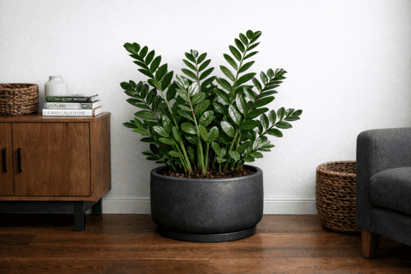 zz plant apartment placed on the floor in a stable planter for indoor setup