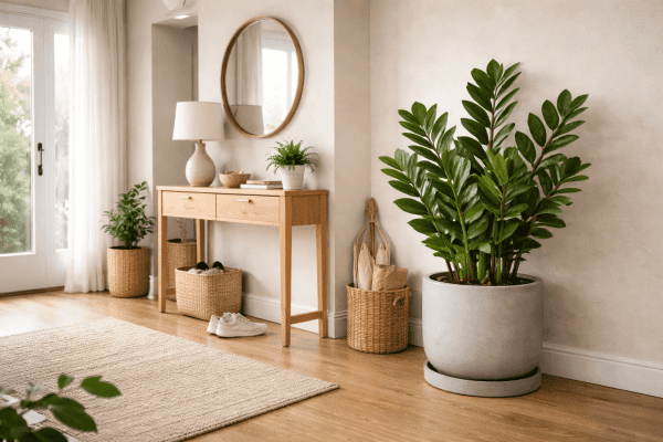 zz plant apartment placed in low light indoors several feet from a window
