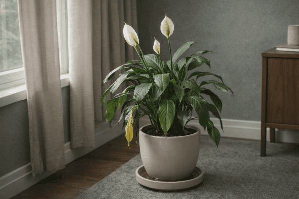 Overwatered peace lily indoors with drooping leaves, dark wet soil, and pot sitting in visible water in a saucer.