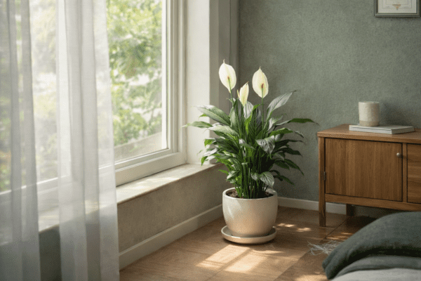 Peace lily placed near a bright window receiving indirect light in a modern apartment living room
