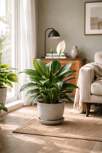 Peace lily care setup in a bright apartment with indirect light and proper drainage pot